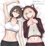  2girls ahoge animal_hood arm_up armpits azur_lane baltimore_(azur_lane) bare_arms bare_shoulders bed_sheet blonde_hair blue_eyes brown_hair character_request commentary_request crop_top highres hood hoodie jakqbigone long_hair looking_at_viewer lying midriff multiple_girls navel on_back parted_lips short_hair smile sports_bra stomach upper_body yellow_eyes 