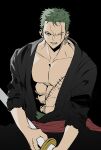  1boy bare_pectorals cowboy_shot fighting_stance frown green_hair highres japanese_clothes kimono long_sideburns looking_at_viewer male_focus one_piece open_clothes open_kimono pectorals ready_to_draw roronoa_zoro short_hair sideburns solo tokyo_bbo 