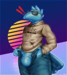  anthro avian bird blue_body blue_skin clothing eyeless_face hi_res hoodie latex latex_body male mouthless null null_bulge presenting_nullge sokafuzz solo surprise topwear undressing_self 