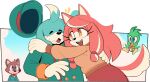  1girl 2boys :3 ^_^ ahoge animal_ears animal_nose aqua_headwear aqua_jacket arm_up bird blue_eyes blue_fur blue_hair blue_sky blush_stickers body_fur bow bowtie breasts brown_fur brown_sweater buttons closed_eyes closed_mouth cloud conductor&#039;s_wife_(the_murder_of_sonic_the_hedgehog) conductor_(the_murder_of_sonic_the_hedgehog) day digimin dog_boy dog_ears dog_girl dog_tail double-breasted fang flicky_(character) furry furry_female furry_male gloves hair_tie half-closed_eyes hand_up happy hat hug jacket long_hair long_sleeves looking_at_another motion_lines multicolored_hair multiple_boys non-web_source notice_lines official_art open_mouth orange_eyes outdoors outside_border outstretched_arm peaked_cap pink_fur pink_hair protagonist_(the_murder_of_sonic_the_hedgehog) red_bow red_bowtie red_skirt sidelocks skirt sky small_breasts smile sonic_(series) standing sweater swept_bangs tail teeth the_murder_of_sonic_the_hedgehog traditional_bowtie transparent_border two-tone_fur two-tone_hair upper_body white_fur white_gloves white_hair 