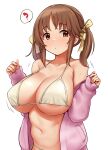  1girl ? bikini breasts brown_eyes brown_hair collarbone commentary_request hair_ribbon highres idolmaster idolmaster_cinderella_girls large_breasts looking_at_viewer navel ribbon short_hair solo speech_bubble spoken_question_mark sweat swimsuit tomajiyama totoki_airi twintails white_bikini yellow_ribbon 