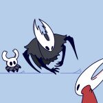  1girl 2others arthropod_girl blue_background cloak commentary dancing eye_contact full_body grey_cloak high_collar hollow_knight hollow_knight_(character) hornet_(hollow_knight) knight_(hollow_knight) looking_at_another multiple_others over_shoulder red_cloak sakana_2-gou simple_background 