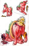  balls banana_peel blood bodily_fluids dragonixa egg fall_(disambiguation) feral fluffy_pony fur genitals gore green_hair hair hi_res male motion_lines orange_body orange_fur penis simple_background solo white_background wounded 