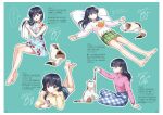 4girls :d aqua_background bare_legs barefoot black_hair blue_dress blue_eyes blue_pants blue_shorts border cat cellphone closed_mouth collarbone colored_inner_hair dress drying drying_hair flip_phone floating_hair floral_print green_skirt grey_hair hair_between_eyes higurashi_kagome holding holding_phone holding_towel inuyasha long_hair long_sleeves lying miniskirt motobi_(mtb_umk) multicolored_hair multiple_girls on_back on_stomach open_mouth outline page_number pants phone pillow pink_sweater plaid plaid_pants plaid_skirt print_dress profile short_dress shorts sitting skirt sleeveless sleeveless_dress smile soles speech_bubble straight_hair sweater the_pose towel white_border white_sweater yellow_sweater 