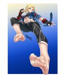  1girl abs ahoge barefoot black_pants black_sports_bra blonde_hair blue_eyes blue_jacket border bracer breasts cammy_white crop_top cropped_jacket eiji_(eiji) feet fingerless_gloves foot_focus foreshortening gloves groin highres jacket kicking leg_up midriff muscular muscular_female pants partially_fingerless_gloves short_hair solo sports_bra street_fighter street_fighter_6 toned white_border 