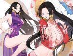  1girl bad_id bad_twitter_id black_hair blue_eyes boa_hancock breasts cleavage commentary commentary_request crop_top dress earrings hand_on_own_hip hime_cut jewelry joman korean_commentary long_hair looking_at_viewer one_eye_closed one_piece pink_sash profile purple_dress salome_(one_piece) sash side_slit simple_background sleeveless sleeveless_dress snake snake_earrings standing standing_on_one_leg stomach thighs white_background 
