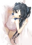  1girl bare_shoulders black_eyes black_hair blanket breasts covered_nipples hair_ribbon highres long_hair lying no_bra okazaki_takeshi on_side original ribbon shorts small_breasts smile solo striped twintails under_covers upside-down 