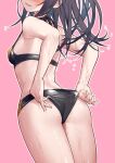  1girl adjusting_clothes adjusting_swimsuit ass bare_arms bare_shoulders bikini black_bikini black_hair breasts commentary_request from_behind head_out_of_frame long_hair munakata_hinano original outline parted_lips pink_background simple_background small_breasts smile solo swimsuit tokuno_yuika wet white_outline 