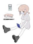  1girl absurdres black_footwear game_boy_advance_sp glasses grey_shirt grey_skirt handheld_game_console highres holding holding_handheld_game_console myomuron nintendo orange_hair original pleated_skirt shirt shoes short_hair skirt sneakers white_background 