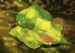  alternate_color animal_focus brown_background bulbasaur claws closed_eyes commentary drooling fangs highres light_particles nostrils omega_takai open_mouth pokemon pokemon_(creature) shiny_pokemon sleeping solo 
