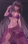  1girl absurdres bed bikini bikini_bottom_removed breasts bridal_garter cleavage fate/grand_order fate_(series) flower hair_flower hair_in_own_mouth hair_intakes hair_ornament hibiscus highres large_breasts meron_(mblalula) navel night pink_bikini purple_bikini purple_hair purple_sarong pussy_juice sarong scathach_(fate) scathach_(swimsuit_assassin)_(fate) solo swimsuit 