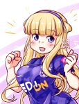  artist_logo blonde_hair blue_hairband breasts clenched_hands clothes_writing commentary_request dated double_bun fletcher_(kancolle) hair_bun hairband j._league kantai_collection kutone_shirika large_breasts long_hair purple_eyes purple_shirt sanfrecce_hiroshima shirt soccer_uniform sportswear upper_body 