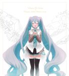  1girl :d absurdly_long_hair awahuji_miyuki bare_shoulders belt black_skirt black_thighhighs blue_hair blue_necktie blush closed_eyes collared_shirt commentary facing_viewer grey_shirt hair_between_eyes hair_ornament happy_anniversary happy_birthday hatsune_miku hatsune_miku_happy_16th_birthday_-dear_creators- highres legs_apart long_hair loose_belt miniskirt necktie number_tattoo open_mouth pleated_skirt raised_eyebrows shirt sidelocks simple_background skirt sleeveless sleeveless_shirt smile solo straight-on tattoo thigh_gap thighhighs tie_clip twintails very_long_hair vocaloid white_background zettai_ryouiki 