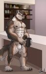  &lt;3 2021 abs anthro balls bar bar_counter big_balls big_penis black_nipples black_penis blush canid canine chest_tuft claws counter detailed_background full-length_portrait fur fur_markings genitals gulonine hand_on_penis humanoid_genitalia humanoid_penis hybrid kamyuelo long_penis looking_down looking_pleasured male mammal markings masturbation muscular muscular_anthro muscular_male mustelid musteline nipples nude pecs penis portrait smile solo standing styrling toe_claws tongue tuft watermark were werecanid werecanine werewolf wolverine 