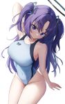  1girl absurdres arm_behind_head arm_support blue_archive blue_one-piece_swimsuit breasts closed_mouth competition_swimsuit hair_ornament halo head_tilt highres invisible_chair large_breasts light_blush long_hair looking_at_viewer one-piece_swimsuit parted_bangs purple_eyes purple_hair rinrasetsu simple_background sitting solo swimsuit thighs two_side_up white_background yuuka_(blue_archive) 