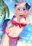  1girl animal_ears bangle bikini black_nails blonde_hair blue_sky blurry blurry_background bracelet breasts cleavage commentary_request commission day depth_of_field dog_ears dog_girl dog_tail dutch_angle front-tie_bikini_top front-tie_top furry furry_female hand_up jewelry kou_hiyoyo large_breasts long_hair nail_polish navel original outdoors palm_tree red_bikini side-tie_bikini_bottom skeb_commission sky solo swimsuit tail tree water 