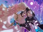  1boy 1girl ahoge arm_behind_back bare_shoulders bell black_coat black_sleeves coat commission crying dress elysia_(herrscher_of_human:ego)_(honkai_impact) elysia_(honkai_impact) falling_petals gi_de_off gloves hand_on_another&#039;s_back hand_on_another&#039;s_head heart hetero highres honkai_(series) honkai_impact_3rd hug kevin_kaslana kiss long_hair outdoors pants petals pink_hair pink_sky short_hair sky star_(symbol) tears twitter_username white_dress white_gloves white_hair white_headwear white_pants 