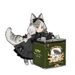  1girl :3 animal_ears animal_feet black_bow black_bowtie black_dress bow bowtie braid cat_ears cat_girl cat_tail closed_mouth digitigrade dress fish_skeleton frilled_dress frilled_sleeves frills full_body green_eyes grey_hair grey_tail hair_bow long_hair long_sleeves looking_at_object low_twin_braids original simple_background solo standing starshadowmagician tail twin_braids white_background 