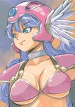 1girl absurdres armor bikini_armor blue_eyes blue_pupils breasts cleavage closed_mouth collarbone curly_hair dragon_quest dragon_quest_iii eyelashes helmet highres large_breasts light_purple_hair long_hair muramasa_mikado official_style pauldrons pink_armor pink_headwear pink_lips shoulder_armor smile soldier_(dq3) solo toriyama_akira_(style) underboob upper_body winged_helmet 