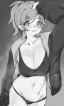  1girl blush breasts character_request cleavage collarbone greyscale highres jacket large_breasts long_sleeves monochrome navel smile solo steaming_body sweat yurucamp 