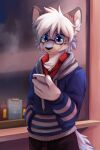  anthro black_nose blue_body blue_clothing blue_eyes blue_fur blue_hair blue_hoodie blue_sclera blue_topwear cellphone closed_smile clothed clothing felid fur glistening glistening_eyes hair hi_res holding_cellphone holding_object holding_phone holding_smartphone hoodie kuttoyaki light_body light_fur looking_at_smartphone male mammal mouth_closed multicolored_hair phone portrait red_clothing red_topwear smartphone solo tan_body tan_fur three-quarter_portrait topwear two_tone_hair white_hair 