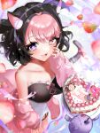  1girl absurdres animal_ear_fluff animal_ears bare_shoulders birthday_cake black_hair blurry blurry_background blurry_edges bow breasts cake cat_ears cat_girl cat_tail commission dress fang food fruit hand_on_own_cheek hand_on_own_face happy_birthday heart heart-shaped_cake heart-shaped_pupils heterochromia highres indie_virtual_youtuber multicolored_hair off_shoulder open_mouth pink_eyes pink_hair pink_sweater purple_eyes solo strapless strapless_dress strawb_(vtuber) strawberry sweater symbol-shaped_pupils tail tail_bow tail_ornament thick_eyelashes two-tone_hair virtual_youtuber yuarima2 