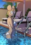  absurd_res anthro bikini blonde_hair breasts clothing eyewear female fur glasses hair hi_res ladder leo-artis looking_at_viewer mammal mouse murid murine outside partially_submerged pool_chair rodent round_glasses side_view smile solo standing_in_water swimming_pool swimwear tan_body tan_fur umbrella 