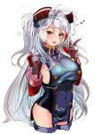  1girl absurdres azur_lane blush breasts cropped_legs cross garter_straps gloves grey_hair hair_between_eyes headgear heart hey_taisyou highres index_finger_raised iron_cross large_breasts long_hair long_sleeves looking_at_viewer mole mole_on_breast multicolored_hair orange_eyes pelvic_curtain prinz_eugen_(azur_lane) red_hair simple_background solo streaked_hair thighhighs two_side_up very_long_hair white_background 