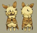  1boy ahoge blonde_hair boots brown_coat brown_wings coat from_behind full_body fur_boots fur_collar insect_wings knee_boots male_focus maniani moth_antennae moth_boy moth_wings multicolored_hair multiple_views open_clothes open_coat original short_hair shorts simple_background standing straight-on streaked_hair wings yellow_footwear yellow_shorts 
