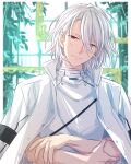  1boy buttons closed_mouth commentary_request eyes_visible_through_hair grabbing_own_arm helios_rising_heroes high_collar highres leaf looking_at_viewer male_focus partial_commentary red_eyes sekina short_hair sirius_(helios_rising_heroes) solo upper_body white_hair 