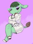  3_toes animal_crossing anthro clothing dress elephant elephantid eyelashes feet female green_body green_hair hair hi_res kame_3 looking_at_viewer mammal nintendo opal_(animal_crossing) proboscidean simple_background solo toes white_clothing 