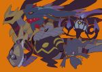  aegislash banette bead_necklace beads black_eyes chandelure colored_sclera dusknoir fire flutter_mane ghost giratina giratina_(origin) highres jewelry necklace no_humans orange_background pokemon pokemon_(creature) red_sclera shield simple_background sword v_(govvvvw) weapon wings yellow_eyes 