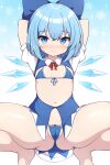  1girl barefoot blue_bow blue_eyes blue_hair bow breasts cirno closed_mouth collared_shirt detached_wings fairy hair_between_eyes hair_bow highres ice ice_wings looking_at_viewer navel revealing_clothes rizento shirt short_hair short_sleeves small_breasts solo touhou white_shirt wings 