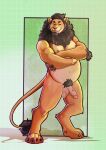  anthro beard big_penis black_hair crossed_arms facial_hair felid flaccid fur genitals green_background green_eyes hair hi_res kodiak_(kodiak079) lion long_hair looking_at_viewer male mammal model_sheet musclegut muscular nipples nude pantherine penis pubes schesta simple_background smile solo standing tan_body tan_fur vein veiny_penis 