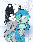  anthro badger breasts duo embrace fan_character female female/female genitals hi_res looking_at_another mammal multicolored_body mustelid musteline pussy reptile scalie sega shower slumbrgr smile snake sonic_the_hedgehog_(series) teal_the_snake tongue tongue_out 