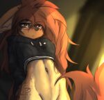  2023 anthro apogee_(tinygaypirate) blush bottomless breasts canid canine canis clothed clothing cropped_hoodie digital_media_(artwork) domestic_dog female female_anthro floppy_ears fur hair hi_res kemono long_hair looking_at_viewer mammal navel piercing small_breasts solo spitz tail tattoo tinygaypirate topwear 