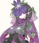  1girl black_gloves black_hair blush breasts closed_mouth dress elbow_gloves flower flower_on_head gloves large_breasts long_hair massakasama purple_dress purple_eyes purple_flower short_sleeves simple_background solo touhou upper_body vine_print white_background yomotsu_hisami 
