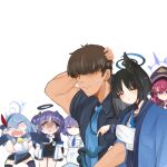  1boy 5girls ako_(blue_archive) animal_ears aoi_(blue_archive) black_eyes black_hair black_hairband black_headwear blue_archive blue_hair blue_halo blush cat_ears closed_mouth face_of_the_people_who_sank_all_their_money_into_the_fx_(meme) grey_eyes hairband halo hat highres iroha_(blue_archive) kikyou_(blue_archive) long_hair mechanical_halo meme multiple_girls open_mouth parted_lips peaked_cap purple_eyes purple_hair red_hair sensei_(blue_archive) shaded_face sharp_teeth shiming_liangjing short_hair simple_background teeth two_side_up white_background yuuka_(blue_archive) 