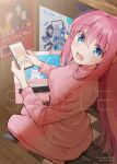  1girl black_socks blue_eyes bocchi_the_rock! breasts cellphone computer gotoh_hitori hamazi_aki highres laptop long_hair looking_at_viewer looking_back medium_breasts non-web_source open_mouth phone pink_hair seiza sitting smartphone socks track_suit 