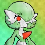  2023 female gardevoir generation_3_pokemon gradient_background green_hair hair hair_over_eye half-length_portrait humanoid looking_at_viewer malegardevoir nintendo not_furry one_eye_obstructed pokemon pokemon_(species) portrait red_eyes simple_background smile smiling_at_viewer solo 