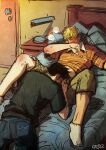  2boys bad_id bad_tumblr_id bara black_hair blonde_hair blush breath clothes_lift couple covering_face cris_art denim fellatio from_above hulkling jeans knees_up lying male_focus marvel multiple_boys on_back on_bed oral pants shirt_lift short_hair sideburns socks thick_eyebrows unfinished wiccan yaoi 