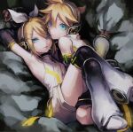  1boy 1girl 9ibem arm_behind_head arm_up black_shorts blanket blanket_grab blonde_hair blue_eyes candy commentary crossed_legs detached_sleeves food food_in_mouth frown glowing glowing_clothes hair_ribbon half-closed_eyes headphones heads_together high_collar indoors kagamine_len kagamine_len_(append) kagamine_rin kagamine_rin_(append) kneeling leaning leaning_back leaning_forward leg_warmers light_frown lollipop looking_back lying night official_alternate_costume on_back on_bed reclining ribbon short_hair shorts siblings sleeveless speaker twins vocaloid vocaloid_append white_headphones white_headwear white_ribbon white_shorts worried 