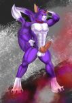  abs absurd_res anthro balls bandai_namco black_markings bow_tie checkhoff claws clothing digimon digimon_(species) dipstick_tail dorumon fox_tail foxy_the_dorumon fur genitals hi_res knot male markings membrane_(anatomy) membranous_wings muscular muscular_male nude pecs penis purple_body purple_fur purple_skin tail tail_markings teeth white_body white_fur white_skin wings x-digimon yellow_eyes 