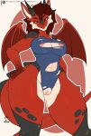  anthro big_breasts breasts clothed clothing dragon female genitals hair hand_on_hip hi_res horn looking_at_viewer membrane_(anatomy) membranous_wings one-piece_swimsuit partially_clothed pussy red_body red_hair red_scales scales skylosminkan smile solo swimwear thick_thighs torn_clothing wide_hips wings 