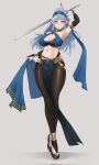  1girl alternate_costume blue_hair blue_sash bodystocking breasts bridal_gauntlets cleavage cosplay dorothea_arnault dorothea_arnault_(cosplay) dorothea_arnault_(plegian) dorothea_arnault_(plegian)_(cosplay) elbow_gloves fire_emblem fire_emblem:_three_houses fire_emblem_heroes fire_emblem_warriors:_three_hopes full_body gloves gold_trim green_eyes halterneck highres holding holding_sword holding_weapon lace-trimmed_hairband lace_trim lene_(fire_emblem) long_hair looking_at_viewer marianne_von_edmund navel official_alternate_hairstyle pelvic_curtain sash solo sword sword_behind_back vuxer weapon 