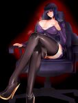  1girl bar_censor black_footwear black_hair blunt_bangs blush boots bra breasts bursting_breasts censored chair cleavage crossed_legs formal glasses hand_on_own_chest high_heel_boots high_heels highres huge_breasts lace-trimmed_bra lace_trim long_hair looking_at_viewer miniskirt no_panties on_chair original pencil_skirt puropera_(puropera) pussy red_eyes sitting skirt solo suit sweatdrop swivel_chair thigh_boots underwear very_long_hair 