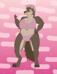  absurd_res anthro big_bad_wolf big_bad_wolf_(shrek) bikini brown_body brown_fur canid canine canis claws clothed clothed/nude clothing colored crossgender digital_media_(artwork) dreamworks fairy_tales female fur green_eyes hat hat_only headgear headgear_only headwear headwear_only hi_res looking_at_viewer mammal mature_anthro mature_female mexlicano mostly_nude nipples nude overweight overweight_female shrek_(series) simple_background solo swimwear watermark wolf 