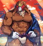  2023 5_fingers abs absurd_res anthro asian_clothing biceps biped blue_clothing blue_kimono brown_body brown_eyes brown_fur brown_nipples bulge claws clothing colored east_asian_clothing entei fingers fur generation_2_pokemon graysheartart hi_res humanoid_hands japanese_clothing kimono legendary_pokemon male muscular muscular_anthro muscular_male muscular_thighs nintendo nipples one_eye_closed pecs pokemon pokemon_(species) signature solo standing tan_body tan_fur triceps white_hands 