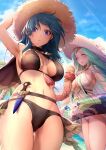  2girls arm_up armpits ass_visible_through_thighs beach bikini black_bikini black_capelet black_choker blue_eyes blue_hair blue_sky blush breasts brown_headwear byleth_(female)_(fire_emblem) byleth_(female)_(summer)_(fire_emblem) byleth_(fire_emblem) capelet character_print choker cleavage closed_eyes cloud cloudy_sky commentary cowboy_shot dagger day english_commentary fire_emblem fire_emblem:_three_houses fire_emblem_heroes flower green_hair hand_on_headwear hat hat_flower highres holding_ice_cream_cone holster ice_cream_cone innertube knife large_breasts light_rays long_hair looking_at_viewer moyashi_mou2 multi-strapped_bikini multiple_girls navel ocean official_alternate_costume open_mouth outdoors palm_tree parted_lips rhea_(summer)_(fire_emblem) sheath sheathed sideboob sky smile sothis_(fire_emblem) standing stomach straw_hat sun_hat sunlight swimsuit tassel thigh_gap thigh_holster thighs tree weapon white_bikini white_headwear wind 