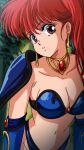  1girl absurdres armor asagiri_youko bikini bikini_armor blue_bikini breasts brown_eyes brown_hair choker cleavage earrings forest gem genmu_senki_leda highres jewelry long_hair looking_at_viewer masaaki_endo nature navel outdoors pauldrons shoulder_armor side_ponytail solo swimsuit upper_body 